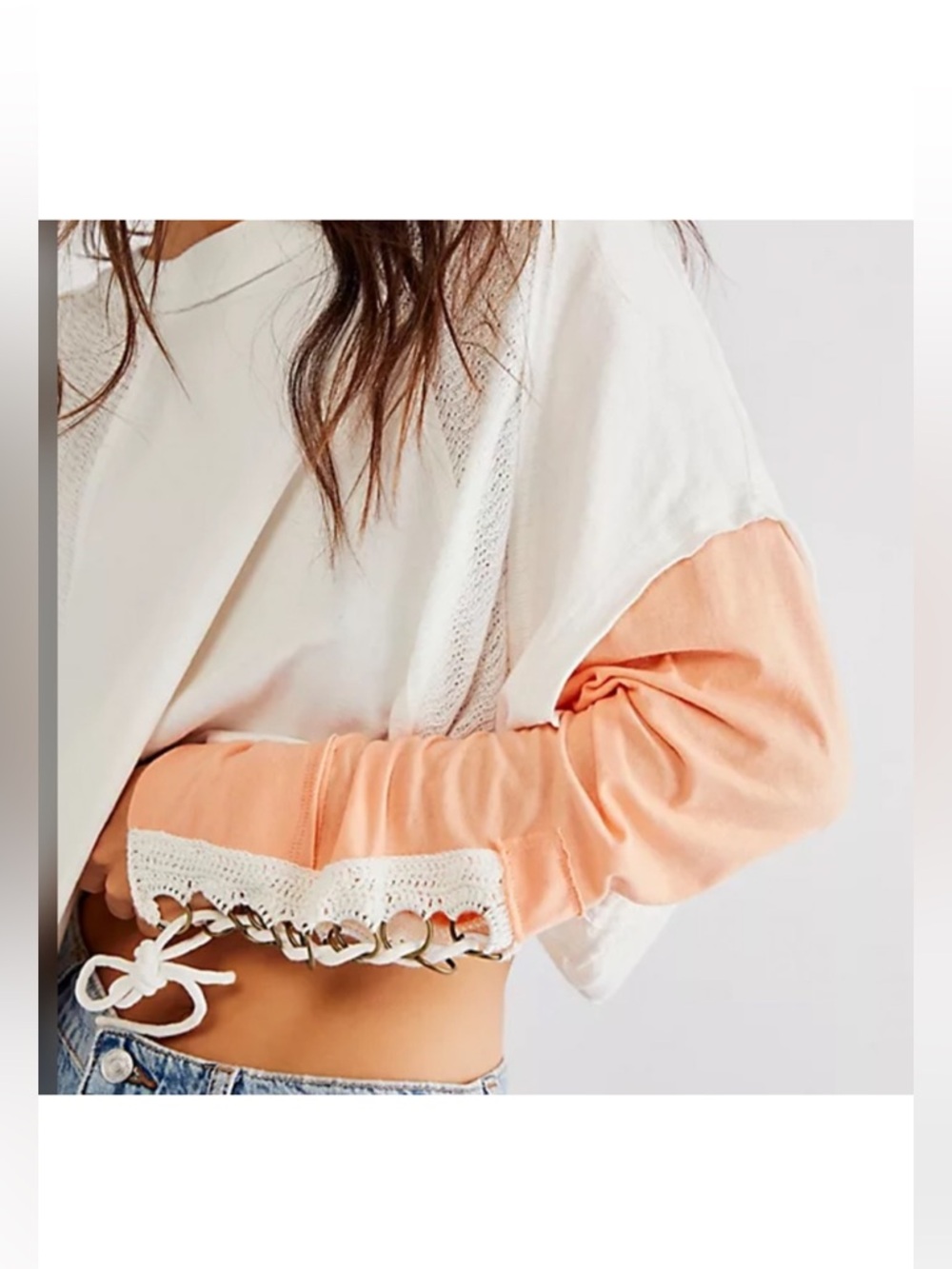 Free People White Oversized Tee with Peach Long Sleeves - Picture 3 of 7